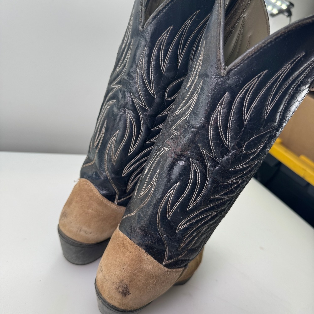 Vintage Texas Brand Boots Women 7M Tan Suede Black Leather Cowboy Western 80s - Picture 8 of 9